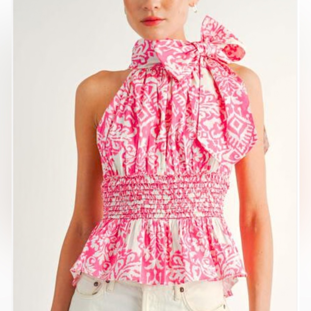 Pink and White Smocked Cotton Blouse